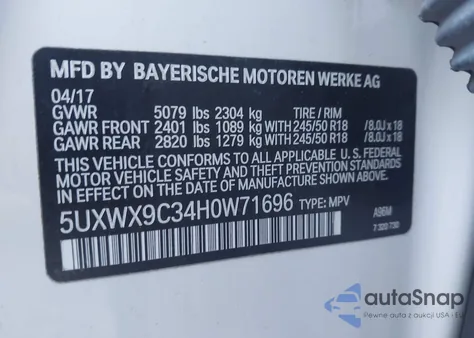 2017 BMW X3 xDrive28I z USA, uszkodzony, nr VIN 5UXWX9C34H0W71696